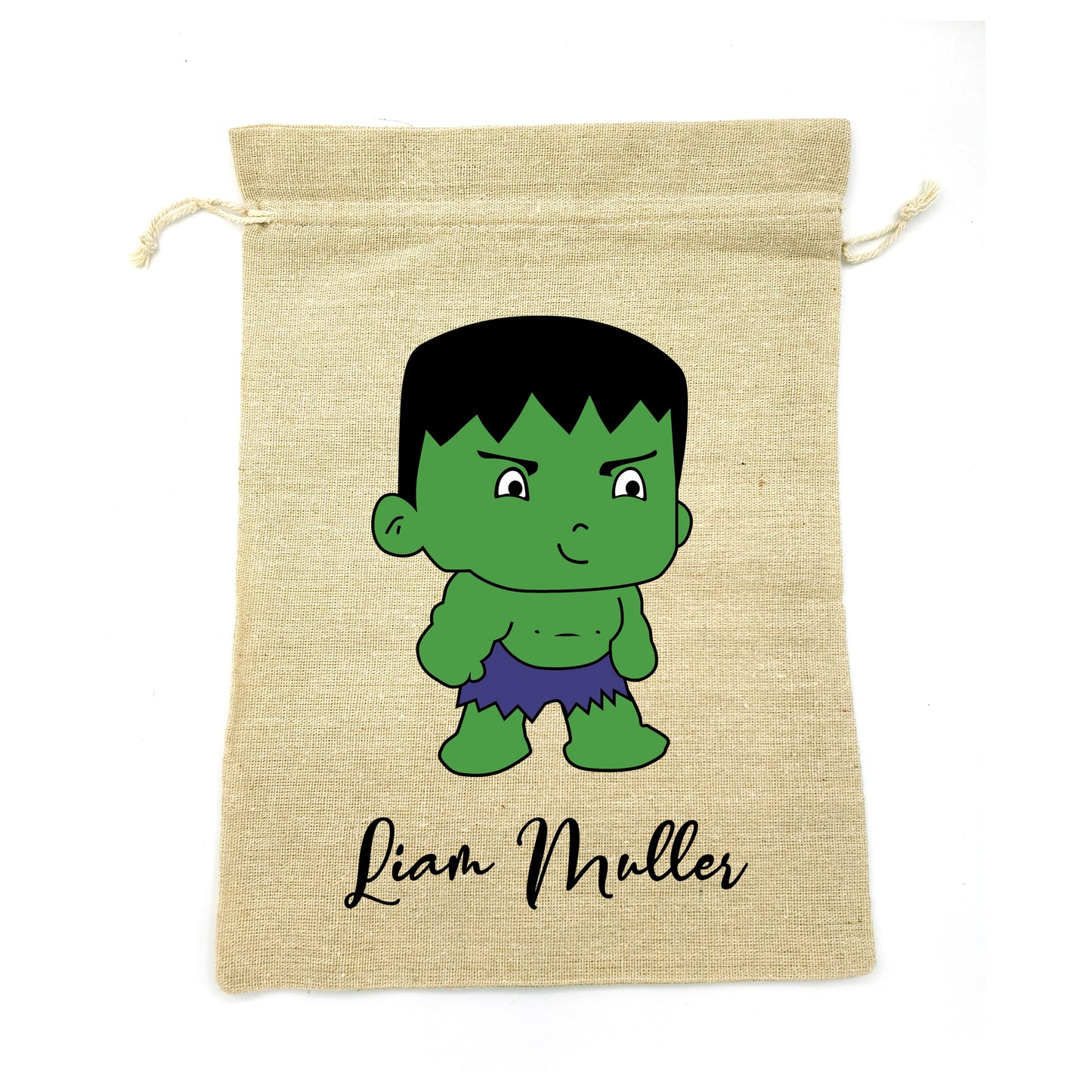 Sacs en tissu avec cordon à personnaliser avec le prénom pour l'école, loisir activités rangement doudou jouet motif Hulk