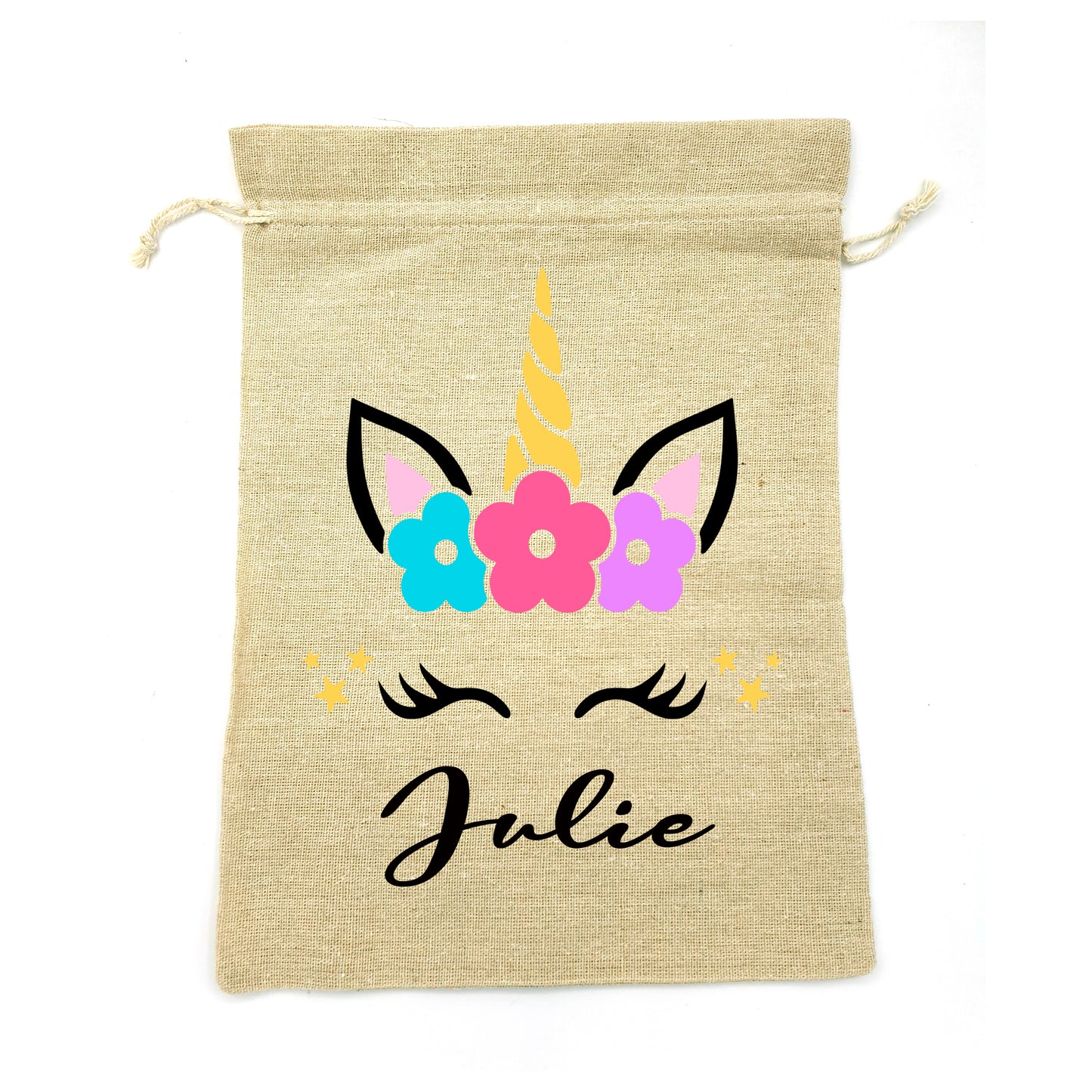 Sacs en tissu avec cordon à personnaliser avec le prénom pour l'école loisir activités rangement doudou jouet motif Licorne 2