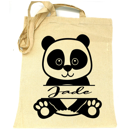 Sac en tissu 100% coton grand tote bag cabas en jute pour enfant loisir école jouet doudou à personnaliser avec le prénom nom Motif panda