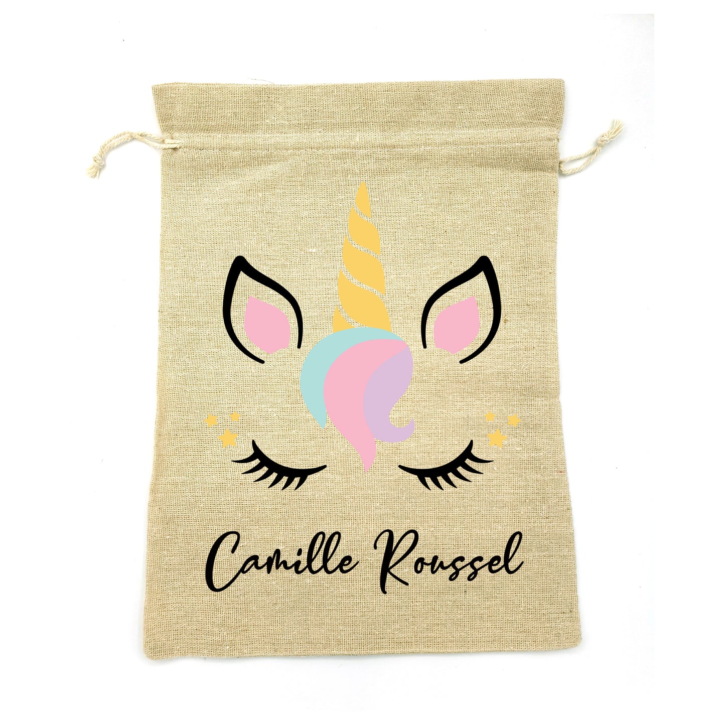 Sacs en tissu avec cordon à personnaliser avec le prénom pour l'école loisir activités rangement doudou jouet motif Licorne 1