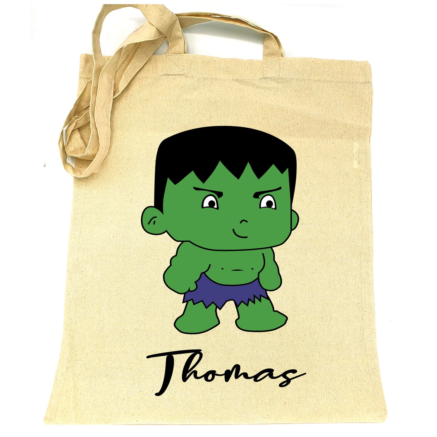 Sac en tissu 100% coton grand tote bag cabas en jute pour enfant loisir école jouet doudou à personnaliser avec le prénom nom Motif Hulk