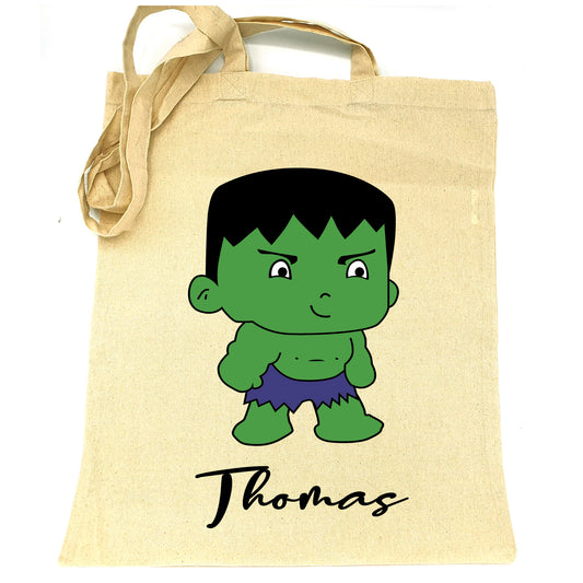 Sac en tissu 100% coton grand tote bag cabas en jute pour enfant loisir école jouet doudou à personnaliser avec le prénom nom Motif Hulk