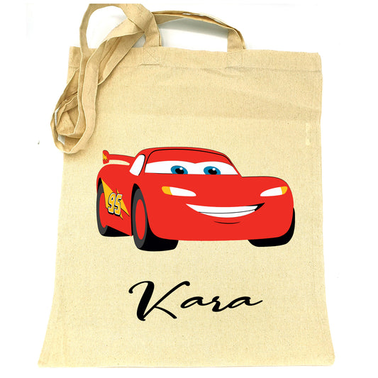 Sac en tissu 100% coton grand tote bag cabas en jute pour enfant loisir école jouet doudou à personnaliser avec le prénom nom Motif cars