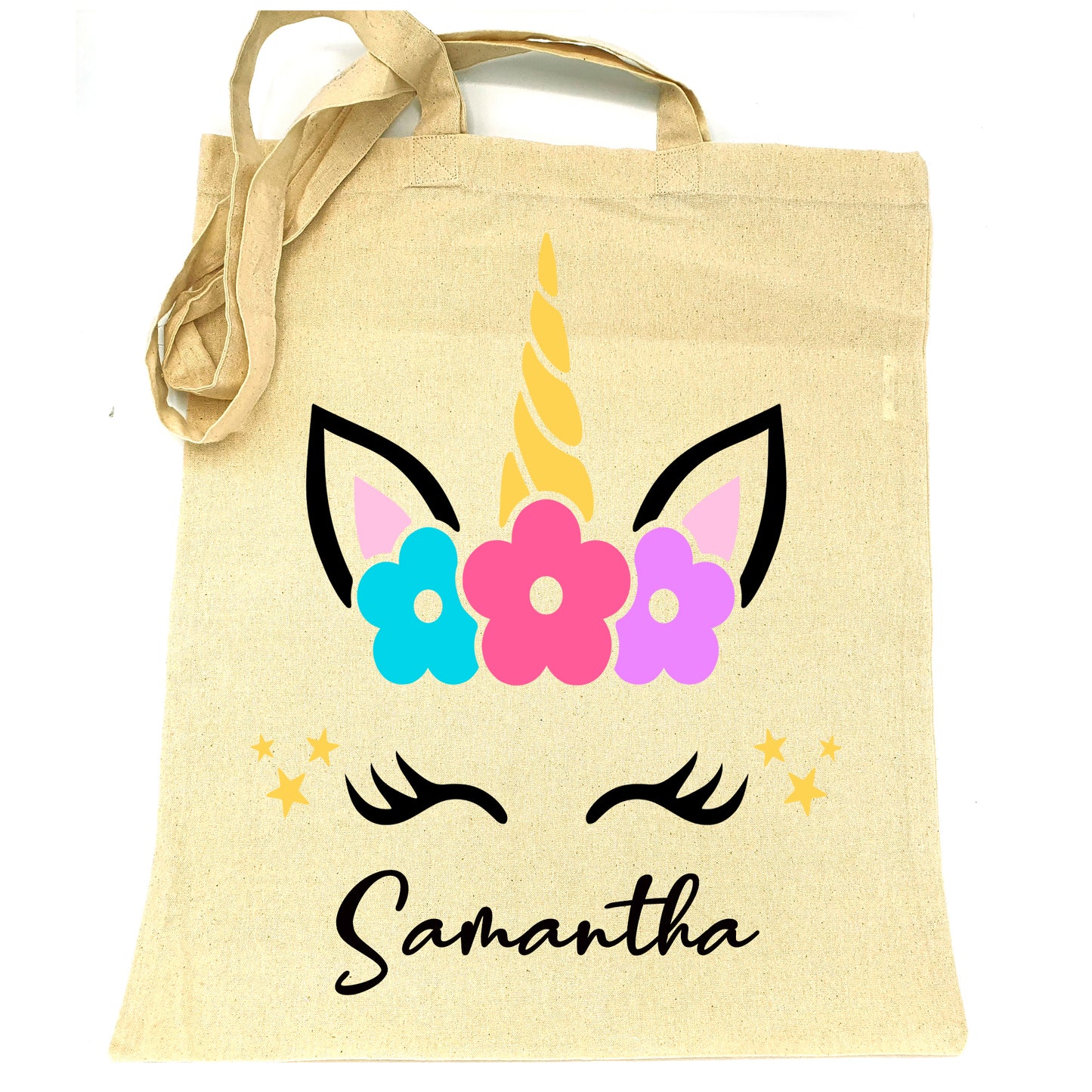 Sac en tissu 100% coton grand tote bag enfant adulte loisir école jouet doudou à personnaliser avec le prénom nom Motif Licorne 2