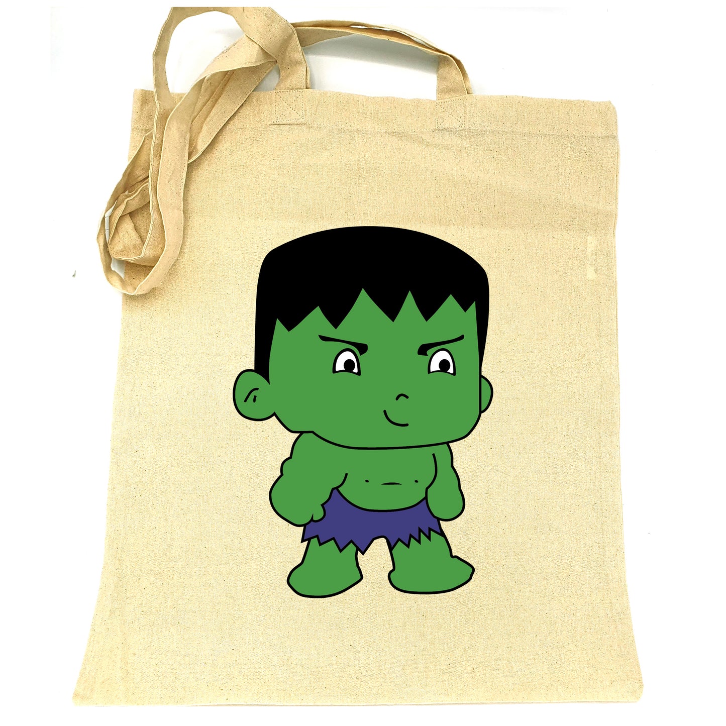 Sac en tissu 100% coton grand tote bag cabas en jute pour enfant loisir école jouet doudou à personnaliser avec le prénom nom Motif Hulk