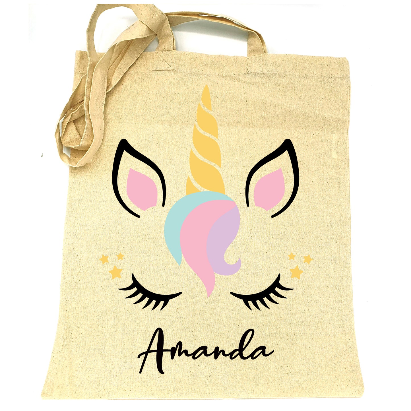 Sac en tissu 100% coton grand tote bag enfant adulte loisir école jouet doudou à personnaliser avec le prénom nom Motif Licorne 1