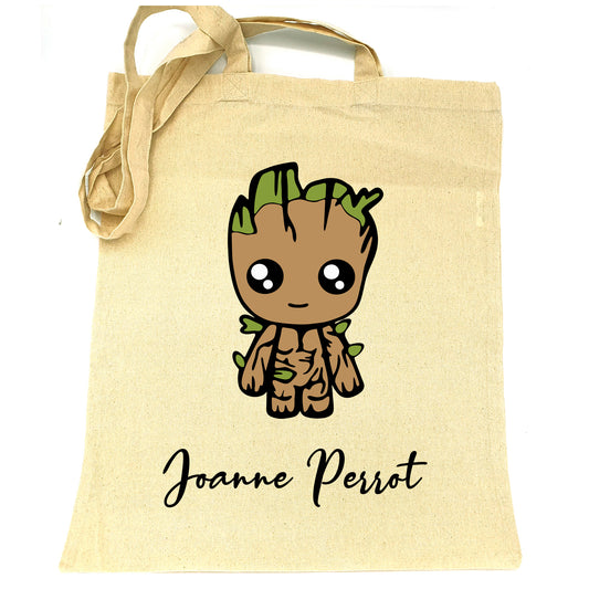 Sac en tissu 100% coton grand tote bag enfant adulte loisir école jouet doudou à personnaliser avec le prénom nom Motif Groot