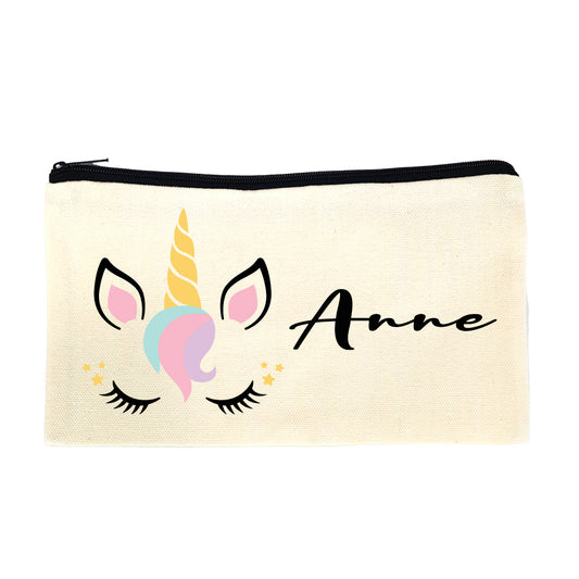 Trousse en toile personnalisable prénom - Motif licorne, idéale pour crayons et stylos