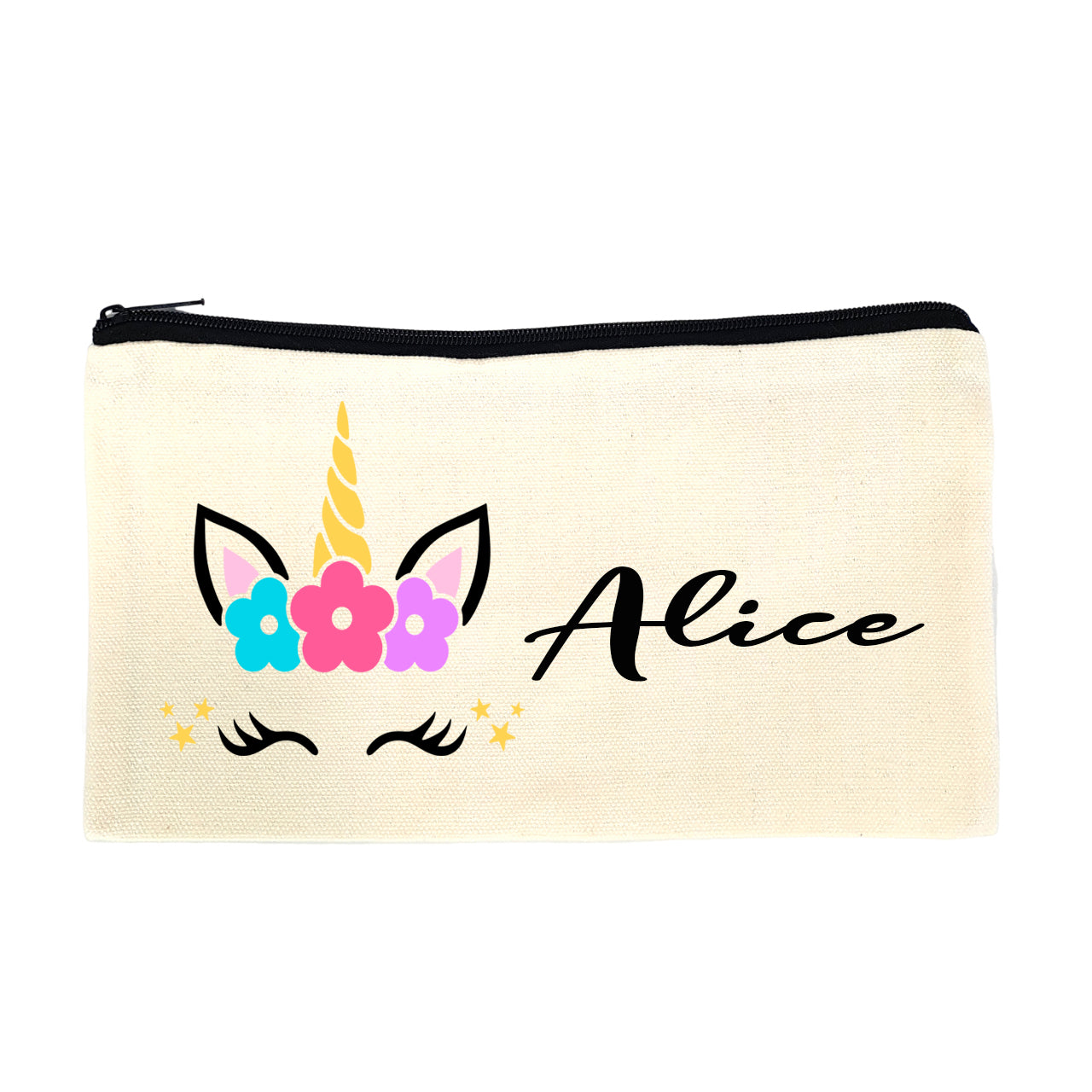 Trousse en toile personnalisable prénom - Motif licorne fleurs, idéale pour crayons et stylos