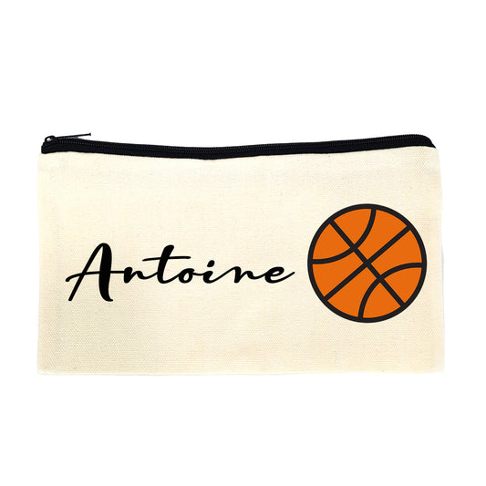 Trousse en toile personnalisable prénom - Motif ballon basket, idéale pour crayons et stylos