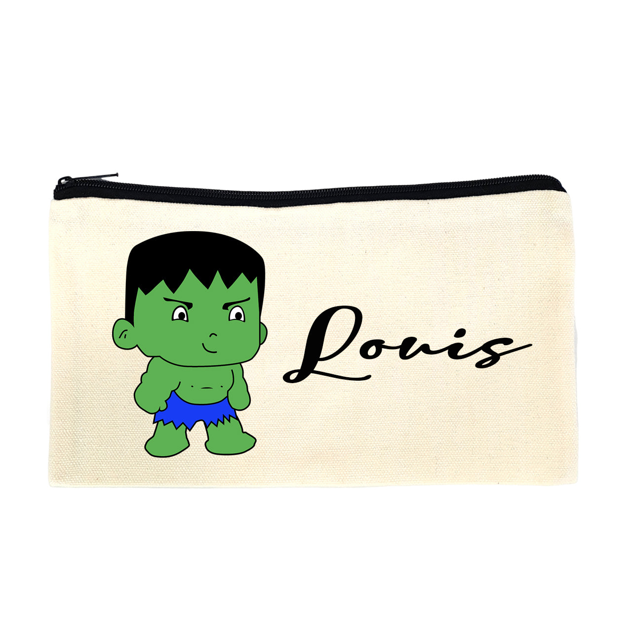 Trousse en toile personnalisable prénom - Motif Hulk, idéale pour crayons et stylos