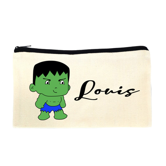 Trousse en toile personnalisable prénom - Motif Hulk, idéale pour crayons et stylos