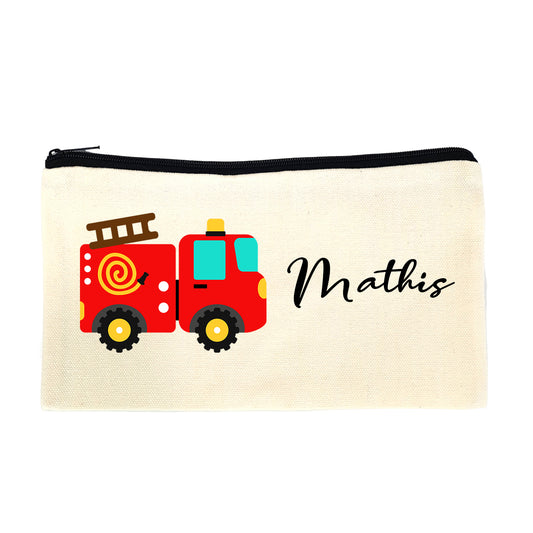 Trousse en toile personnalisable prénom - Motif camion pompier, idéale pour crayons et stylos