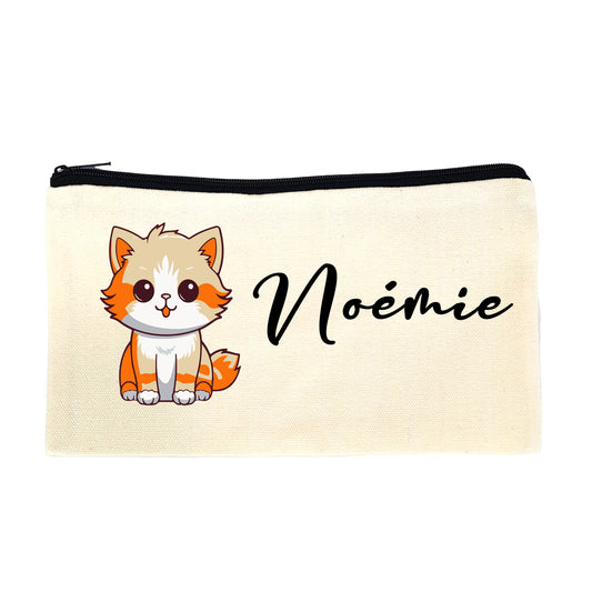 Trousse en toile personnalisable prénom - Motif chatton roux, idéale pour crayons et stylos