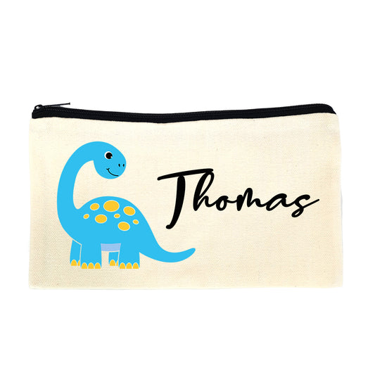 Trousse en toile personnalisable prénom - Motif dinosaure, idéale pour crayons et stylos